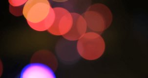 Defocused, blurred bokeh and abstract blurry of red taillights moving on night street. Royalty high-quality free stock video footage of colorful red light in night, glowing backdrop overlay for design