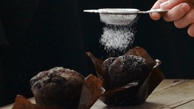 Muffin cake with white powdered sugar. Seamless cinemagraph video