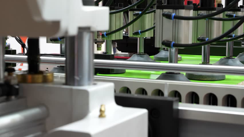 Automated assembly line at furniture factory. Modern techonology in manufacturing.