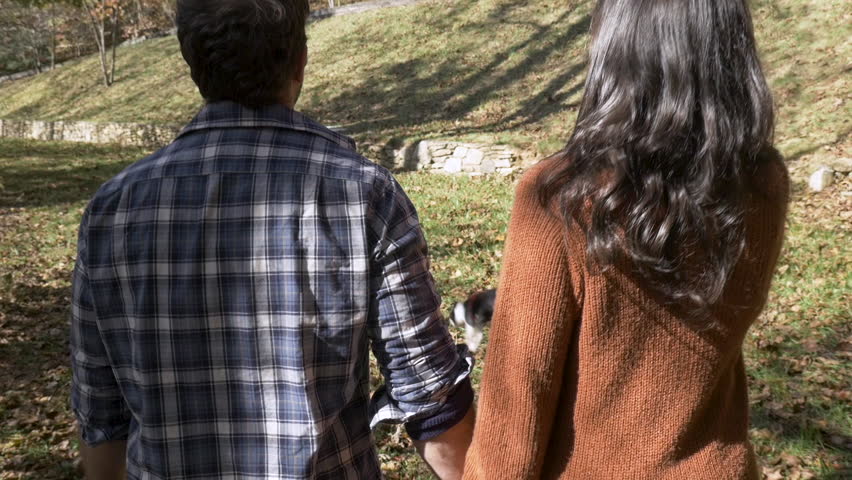 Happy, smiling attractive couple walking and holding hands in a park with their Boston Terrier in slow motion shot from behind