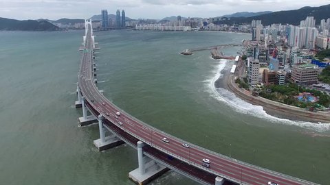 Typoon Coming Gwangandaegyo Bridge and Minrak Port, Gwangalli, Busan, South Korea, Asia