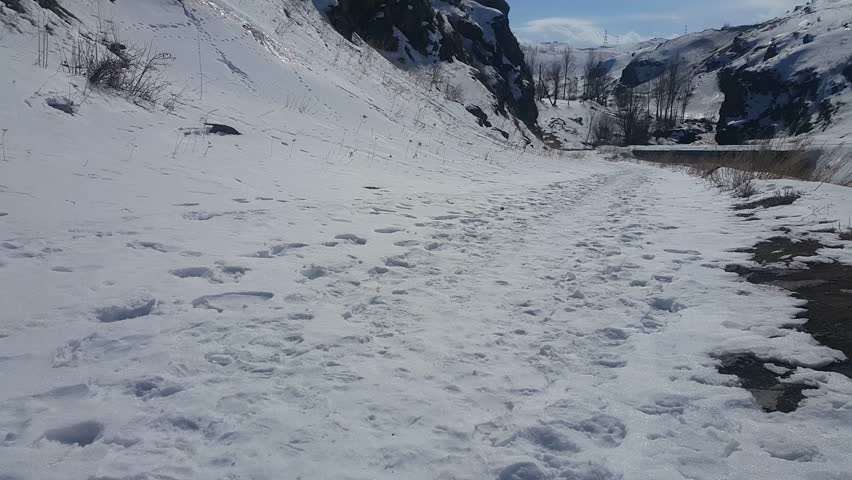 The girl goes down the hill over the snow