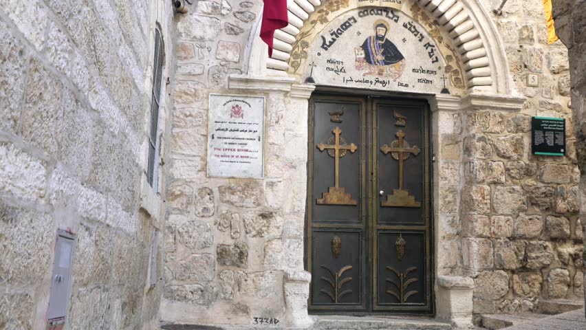 Entrance to one of the church in Armenian Quarter at old city of Jerusalem, Israel. 4K