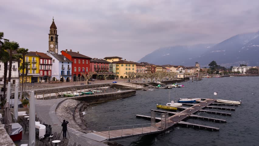 Timelapse of a windy winter day in Ascona, a small town on Lake Maggiore in the mountains of the Swiss Alps