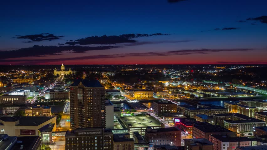 4K Cityscape Timelapse of Des Moines, Iowa, USA