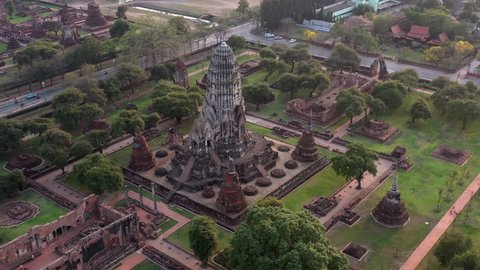 Aerial view old ancient architecture building construction pagoda at Ayutthaya Historical Park, Phra Nakhon Si Ayutthaya, Ayutthaya, Thailand, view from above, 4K.