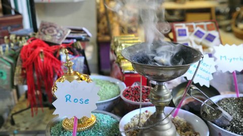 JERUSALEM, ISRAEL - DECEMBER 20, 2018: Incenses sold in a souvenirs shop in the bazaar of the old city of Jerusalem