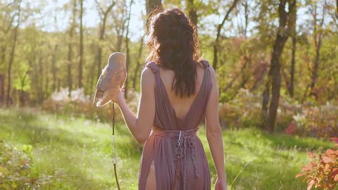 Fantasy girl goddess princess. portrait woman witch with white bird barn owl. Medieval lady queen in greek style dress walks. Summer nature forest green grass leaves tree, sunset sun light. Back rear 