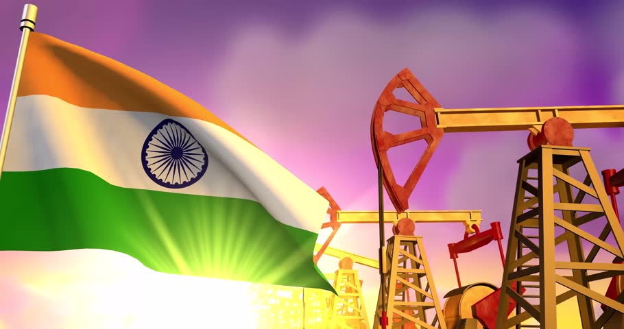 India flag waving on background of oil wells pumping oil on sunset. Oil industry concept, 4K 3d animation Royalty-Free Stock Footage #1025054669