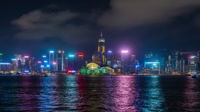 Time lapse of Skyscrapers and floating ship at Victoria's harbor, Hong Kong at night. 4K