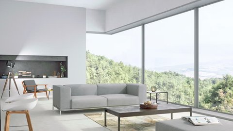 Modern living room and kitchen interior with nature view - 3d Rendering