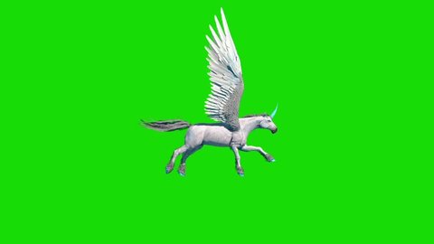 Unicorn Pegasus Winged Horse Flycycle Loop Side Green Screen 3D Rendering Animation