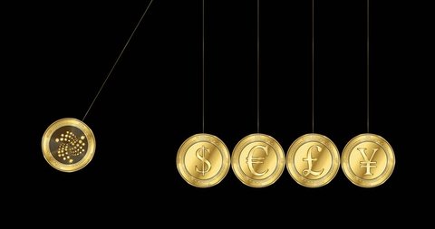 A gold coin with Iota (MIOTA) cryptocurrency symbol is shattered about gold coins with symbols of the main world currencies - dollar, euro, yen and pound sterling. Newton cradle concept