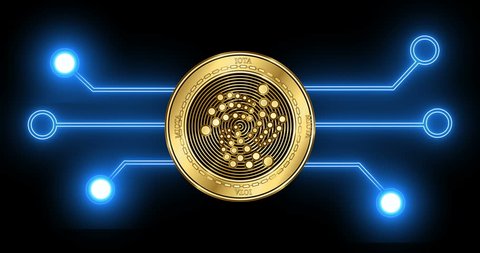 Iota (MIOTA) cryptocurrency gold coin on the background of glowing blockchain transaction schematic