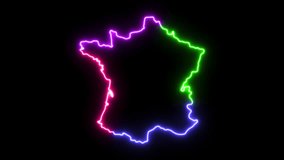 Four-colors neon glowing France map silhouette on transparent background. Seamess loop. 4k video. Include alpha channel