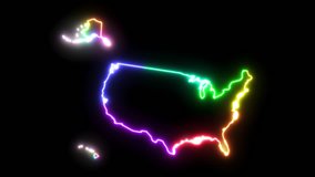 Seven-colors neon glowing USA (United States of America) map silhouette on transparent background. Rainbow colors neon. Seamess loop. 4k video. Include alpha channel