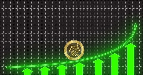 Gold coin with Iota (MIOTA) cryptocurrency symbol accelerates with fire and takes off up the green arrow of the trend