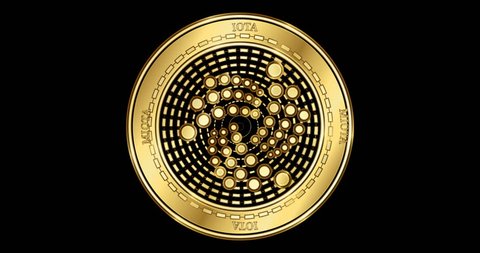 Animated Iota (MIOTA) cryptocurrency gold coin. Gold coin with blockchain symbols spinning on it