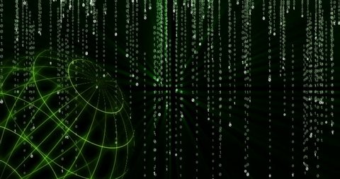 Glowing green Iota (MIOTA) cryptocurrency symbol appearing against the background of a spinning globe and falling green glowing binary code symbols