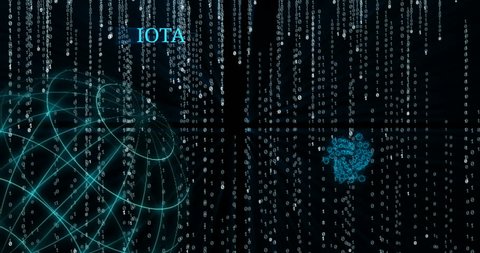 Glowing blue Iota (MIOTA) cryptocurrency symbol appearing against the background of a spinning globe and falling blue glowing binary code symbols