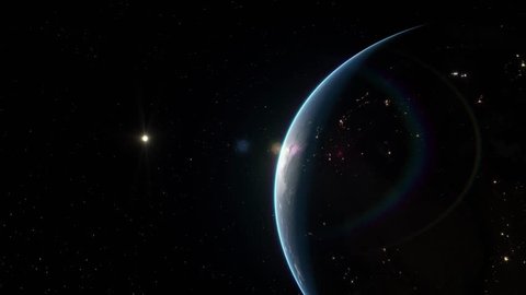 Flying past planet Earth toward distant sun in outer space, Animation