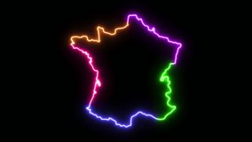 Five-colors neon glowing France map silhouette on transparent background. Seamess loop. 4k video. Include alpha channel