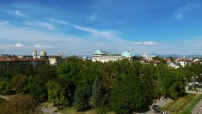 Aerial view of capital of Bulgaria, Sofia. Three architectural and iconic buildings - Sofia University, Alexander Nevsky Cathedral and Parliament Building