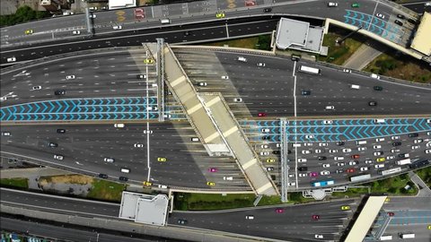 Aerial view of Toll road with the checkpoint. Logistic and transport, Road traffic an important infrastructure in Bangkok Thailand.