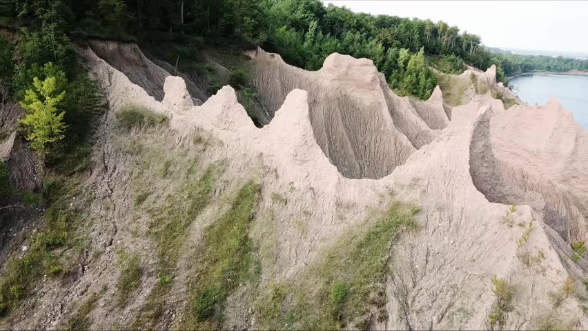 Aerial view of sand bluffs on side of lake.