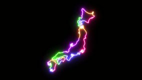 Five-colors neon glowing Japan map silhouette on transparent background. Seamess loop. 4k video. Include alpha channel