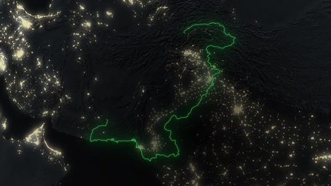 Realistic 3d animated earth showing the borders of the country Pakistan and the capital Islamabad in 4K resolution at night