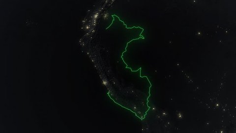 Realistic 3d animated earth showing the borders of the country Peru and the capital Lima in 4K resolution at night