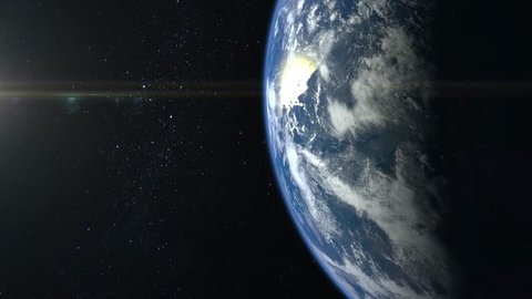 Earth from space. Stars twinkle. Flight over the Earth. 4K. The camera moves forward. The earth slowly rotates. Realistic atmosphere. 3D Volumetric clouds. No sun in the frame.