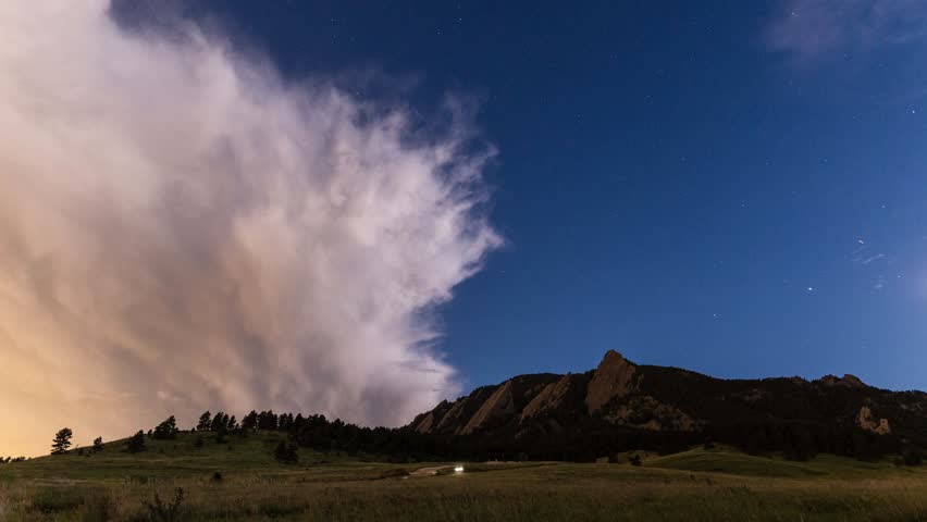 Colorado Night Star Timelapse over the Flatirons. Chautaqua Park in Boulder, Colorado