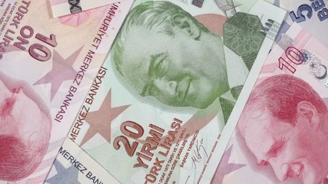 Various turkey lira notes slow rotating. Turkish money, currency. 
