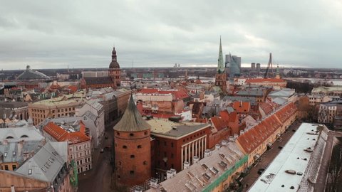 Aerial view of the winter in Riga, Latvia. Flying over the old town.