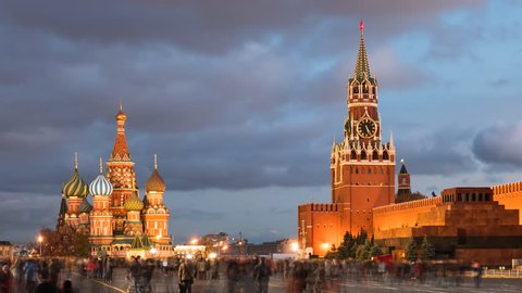 Day to night hyper lapse of Red Square, Kremlin and Saint Basil's Cathedral, Moscow, Russia.