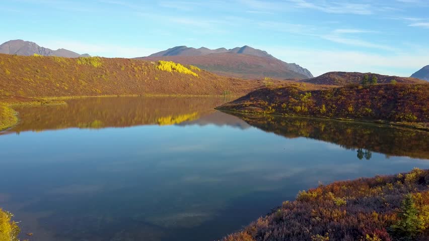 Scenic aerial drone shot of vibrant landscape in Tangle lake, located on Denali highway in Alaska