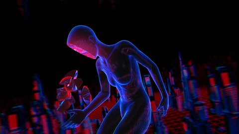 Geometric laser woman figure on a lowpoly landscape. Seamless neon retro futuristic animation.