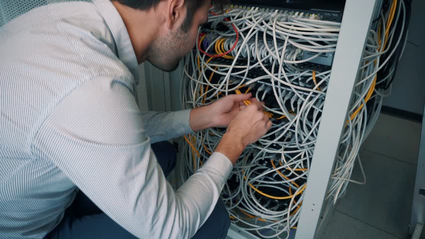 IT Engineer Patching Network Equipment In Server Room. Technical Engineer Working With Wires To Resolve Problem. Engineer Come To Server Room For Check Problem Of Network. Man Working In Server Room Royalty-Free Stock Footage #1025118452