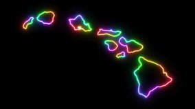 Seven-colors neon glowing Hawaii map silhouette on transparent background. Rainbow colors neon. Seamess loop. 4k video. Include alpha channel