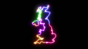 Five-colors neon glowing Great Britain map silhouette on transparent background. Seamess loop. 4k video. Include alpha channel