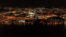 Aerial Video of Camden New Jersey Waterfront at Night