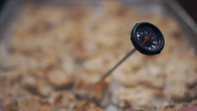 Chicken Thermometer. Man checking cooked chicken temp. 4k. Shallow depth of field.