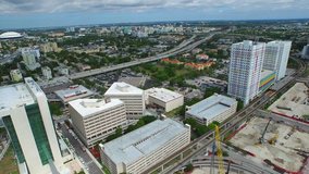Aerial video of Downtown Miami flying westward