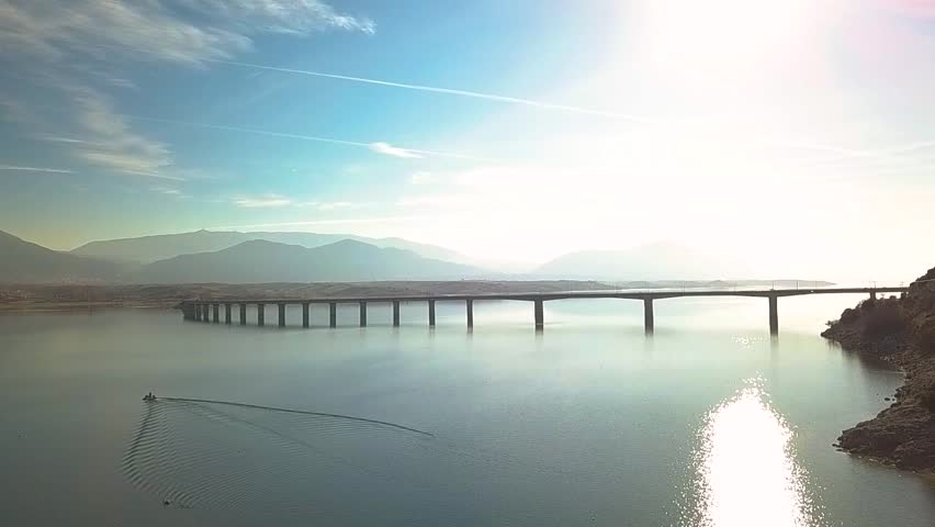 Drone shot polifitos lake and bridge near Kozani in Greece