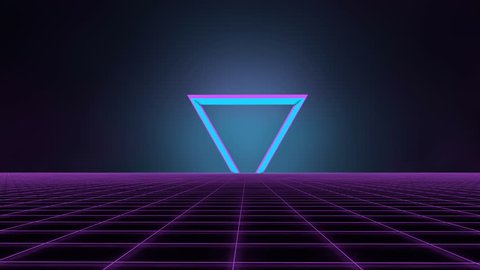 80's Retro futuristic background. Motion above light grid surface. Beautiful animation with neon lights. Synthwave and retrowave stylization. Rising neon triangle against dark backdrop.