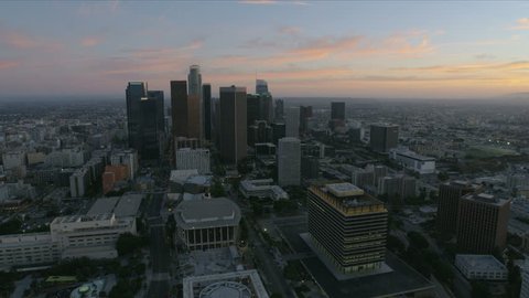 Los Angeles USA - September 2018: Aerial view Bunker Hill skyscrapers at sunset with Harbor Freeway traffic and Los Angeles Music Center California USA RED WEAPON