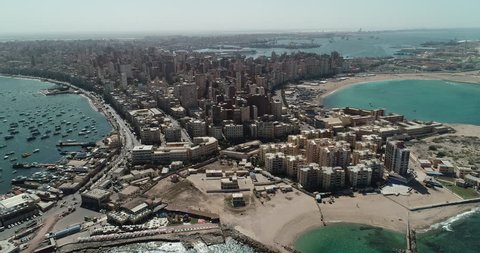 Aerial Drone Shot over Egypt Alexandria City sea - The Citadel of Qaitbay