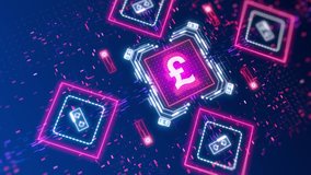Pound sterling money sign of the Britain. Symbol on a abstract cyber background. Financial hi-tech theme video with glow neon lights. Perfect for business corporative design